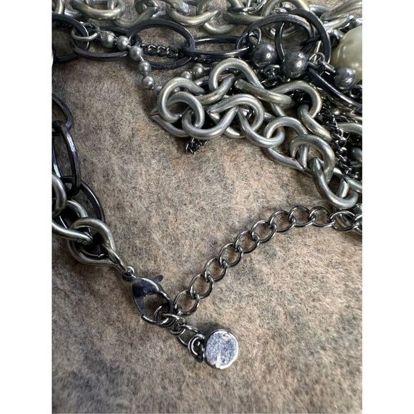 Stunning adjustable Vintage Black Silver Metal Faux Pearl Multichain Necklace 18 - Picture 6 of 8